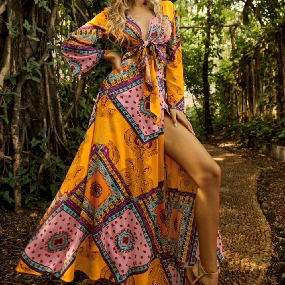 Boho Festival Floral Print Crop Top Blouse Slit Maxi Skirt Set vibrant Orange - Picture 2 of 10